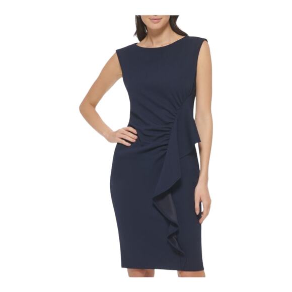 Calvin Klein dress Ruffle crepe sheath sleeveless navy blue size 8 - Picture 1 of 8